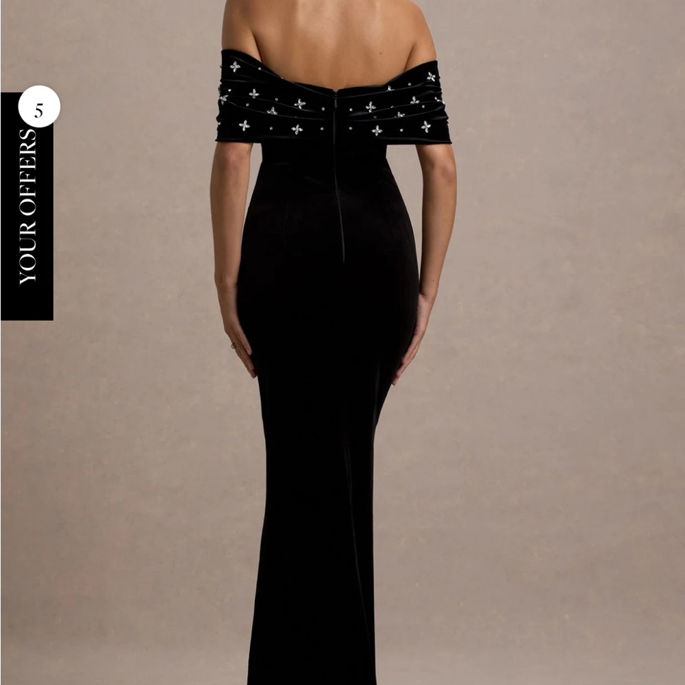 Velvet Off-Shoulder Black Evening Gown with Embellished Foldover Bodice